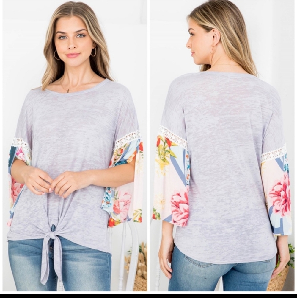 Floral Lace Butterfly Sleeve Scarf Print Top Lavender